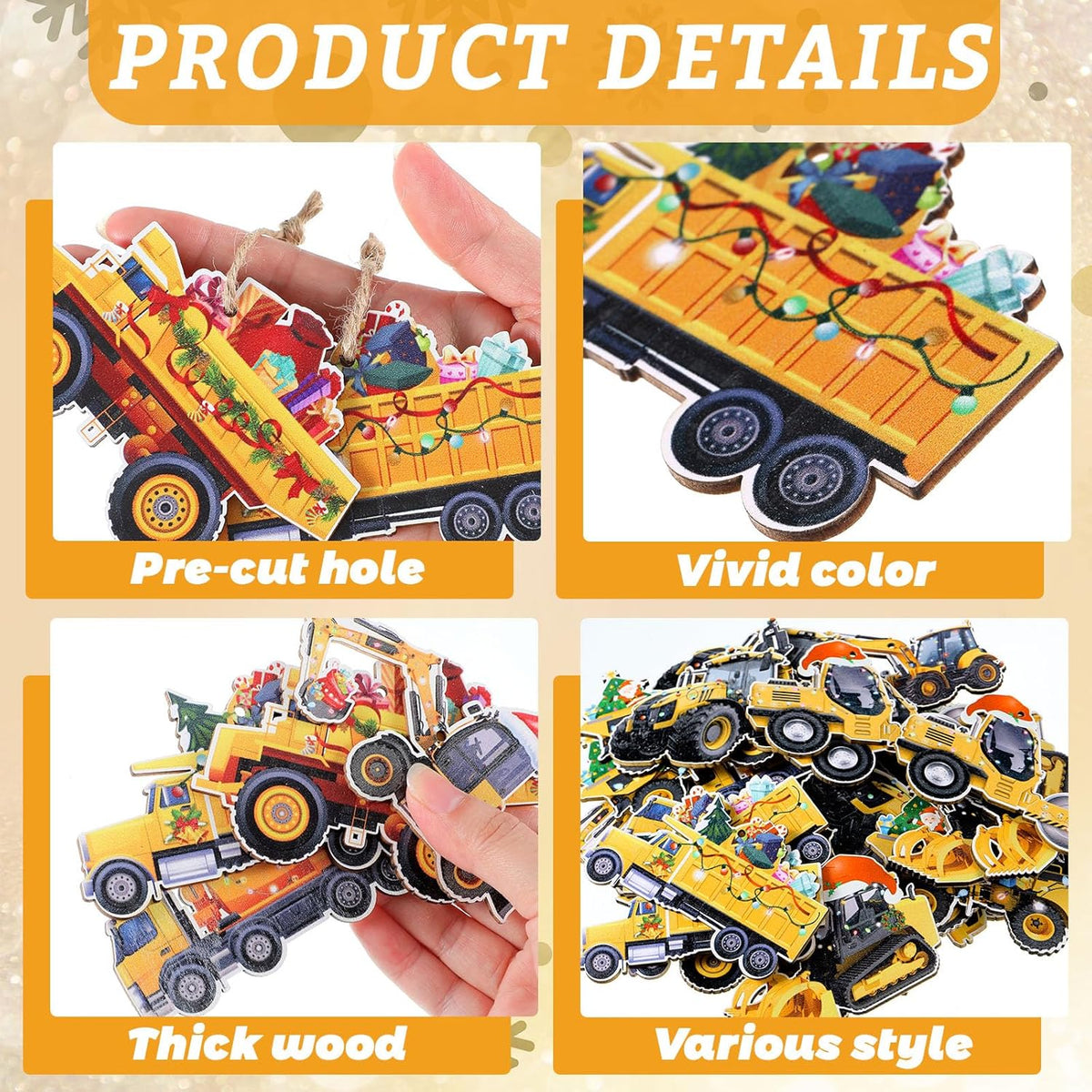 Suzile 36 Pcs Christmas Wooden Ornaments Christmas Construction Truck Ornaments Decoration Vintage