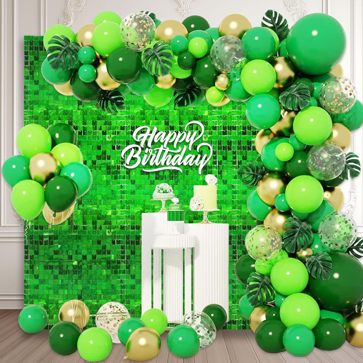 12PCS Green Shimmer Wall Backdrop, Laser Square Sequin Photo Backdrops Panel, Glitter Wall