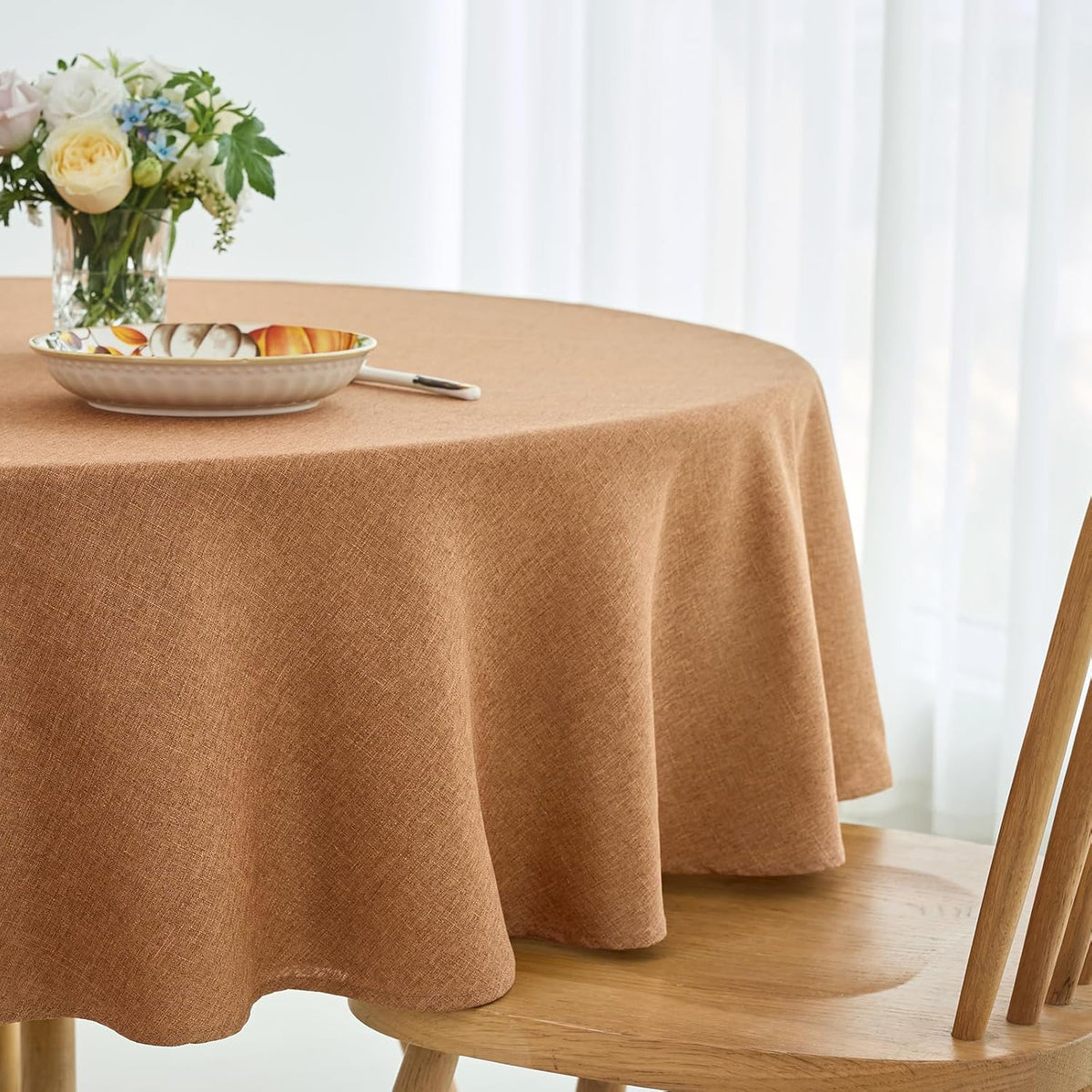 maxmill Fall Round Tablecloth Linen Texture Stain Resistant Waterproof Anti-Shrink Spillproof