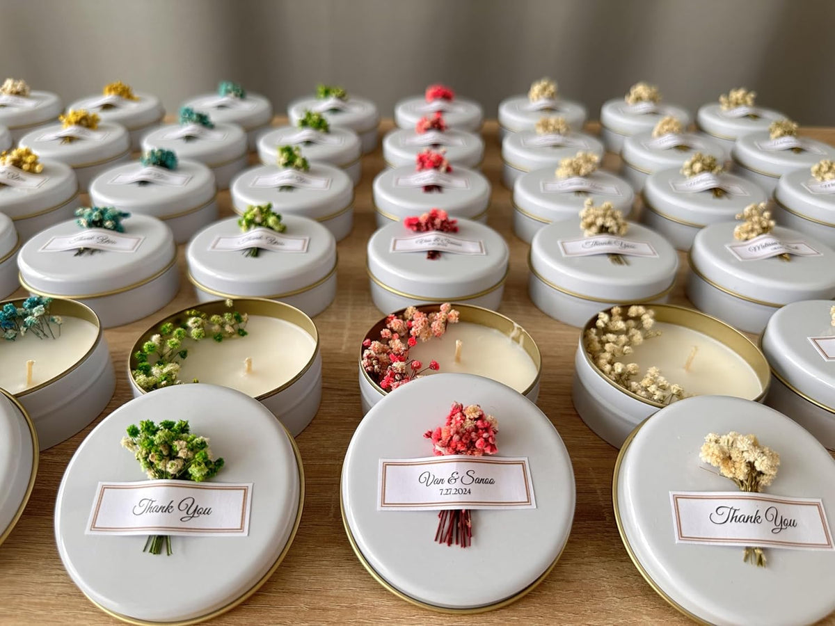 Scented Soy Wax Candle Favors with Dried Flowers - Personalized for Weddings, Bridal Showers, Baby