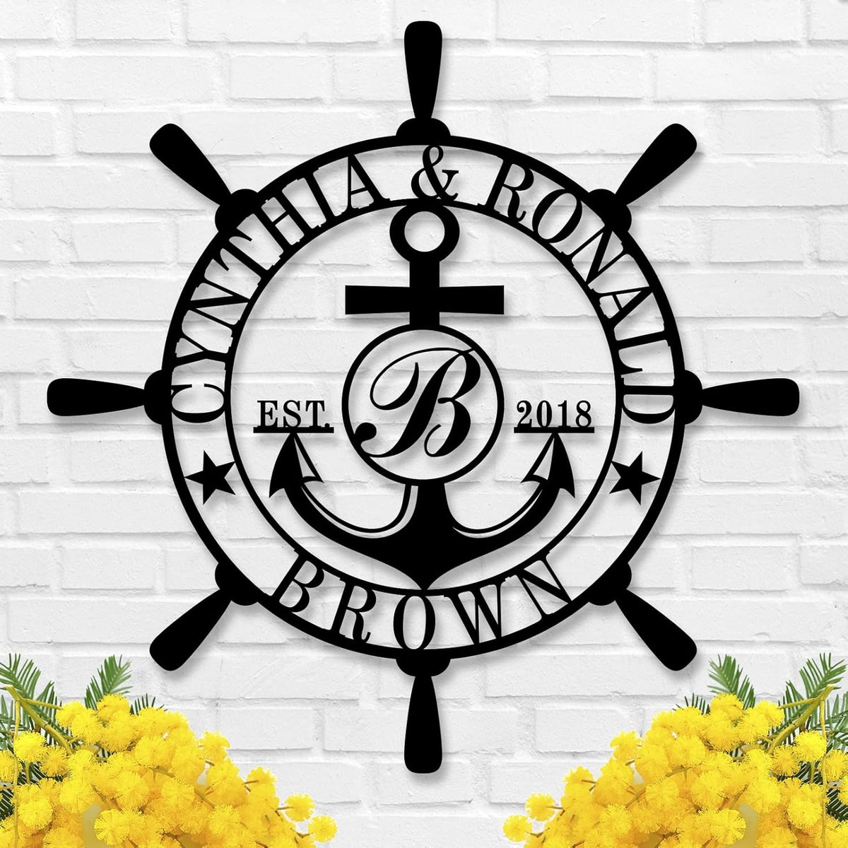 Customized Family Name Sign, Nautical Wall Decor, Anchor Compass Metal Sign, Initial Split Letter