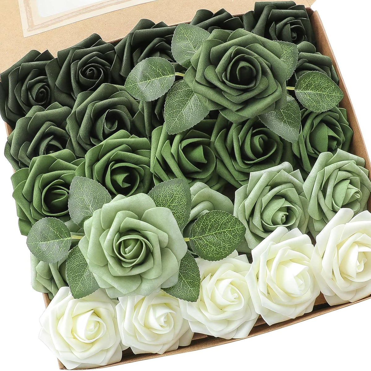 Floroom Artificial Flowers 25pcs Real Looking Forest Green Ombre Colors Foam Fake Roses with Stems