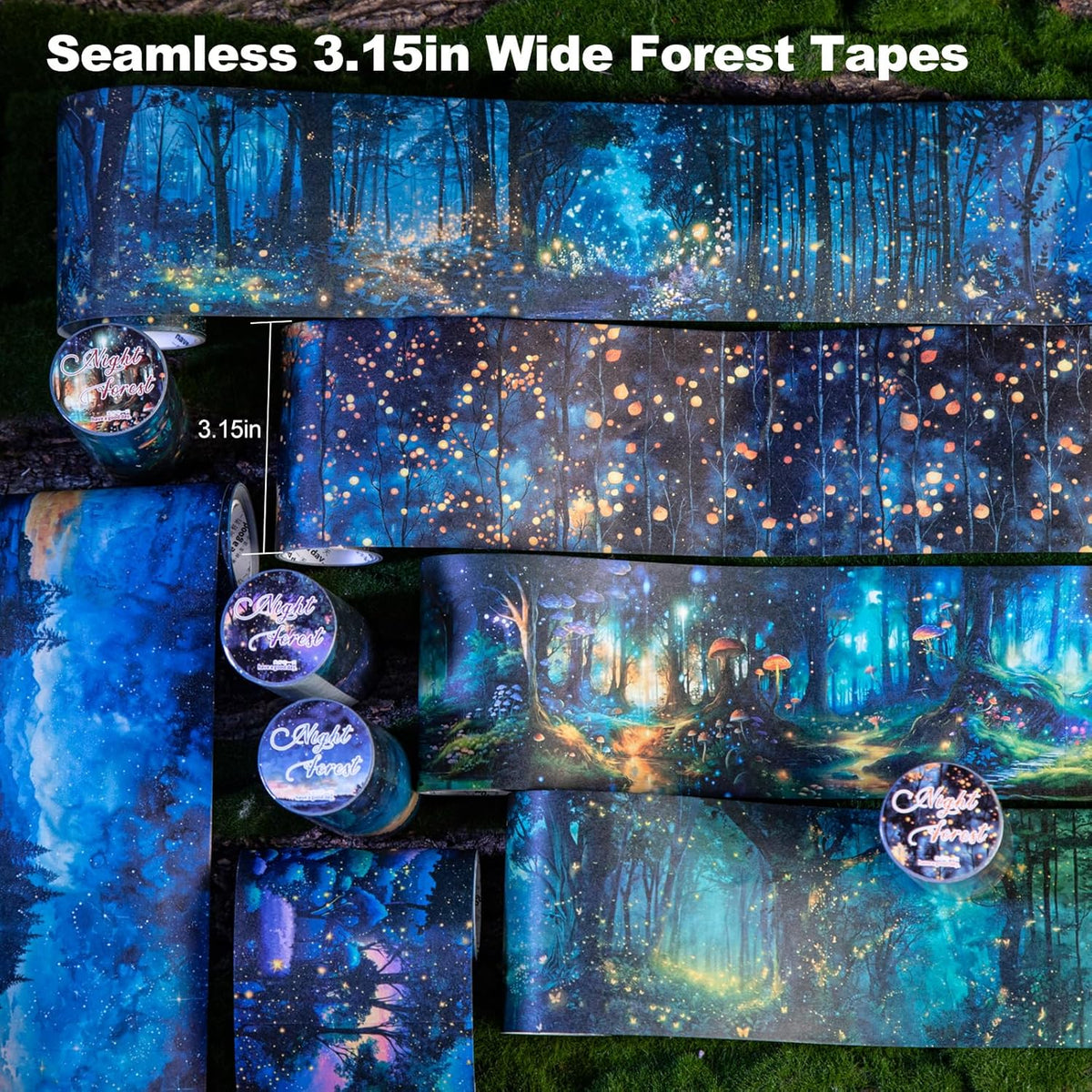 Night Forest Seamless Washi Tape Scrapbook Kit ??6 Rolls with Starry Sky, Fairy Woods & Twilight
