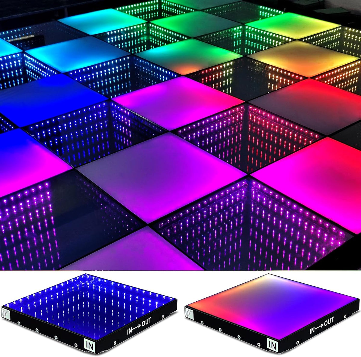 8ft x 8ft 3D Infinity LED Dance Floor - RGB Color Changing & Tempered Glass Panel with Flight Case