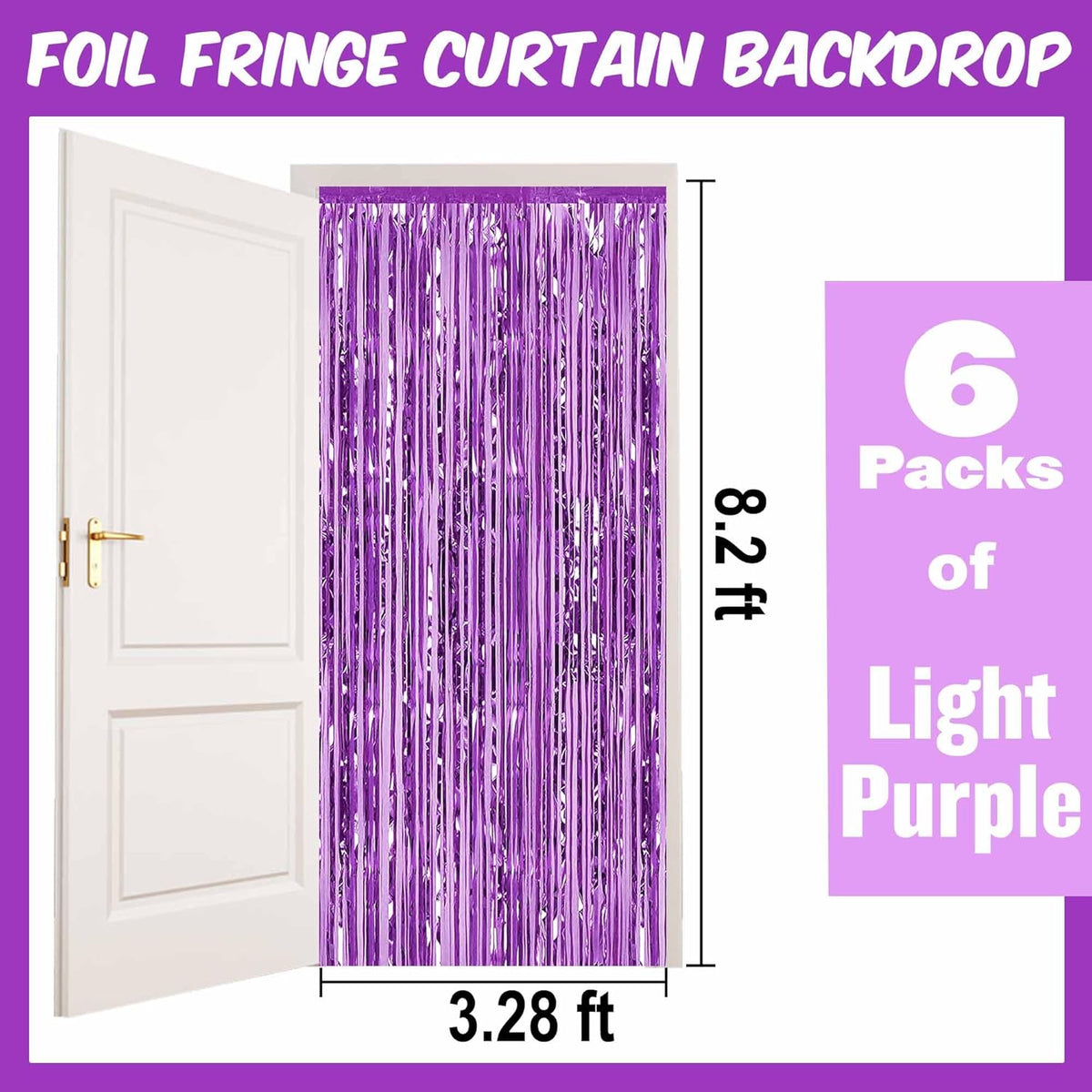 6 Pack Light Purple Foil Fringe Curtains Backdrop, 3.28 x 8.2 Ft Metallic Streamers Tinsel Curtains