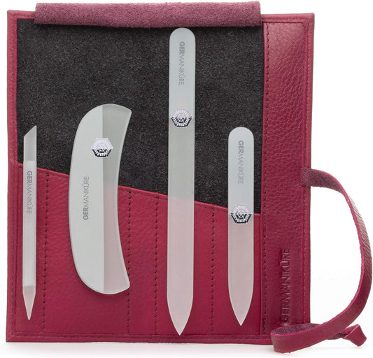 GERMANIKURE Gray Crystal Glass Nail File Set in Magenta Leather Case – Handmade in Czech Republic