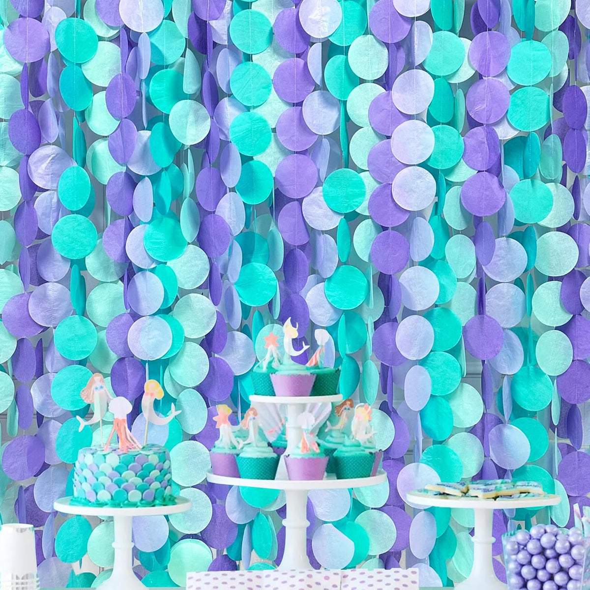 205Ft Purple Teal Big Circle Dot Backdrop Streamer Tissue Paper Polka Dot Hanging Garland for