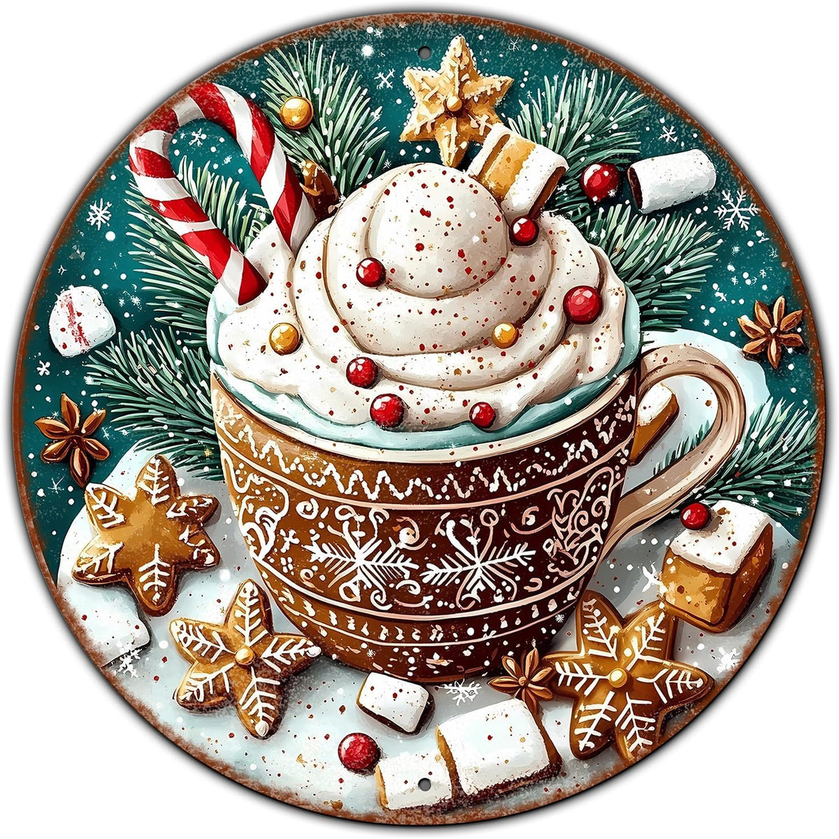 Round Christmas Signs Hot Cocoa Bar Metal Tin Sign Christmas Decor For Home Vintage Christmas