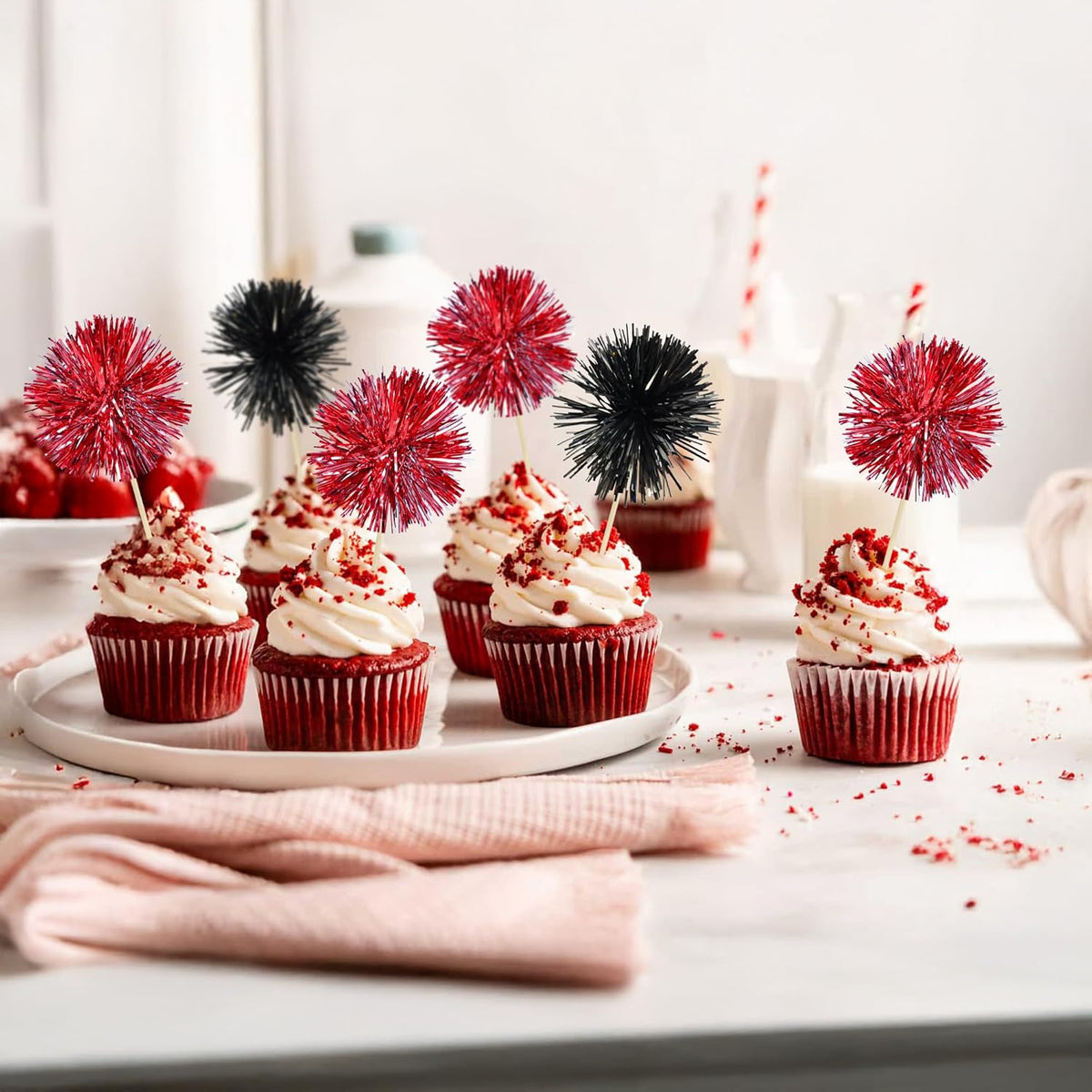 Ephlyn 30Pcs Foil Firework Cupcake Toppers Party Birthday Cake Toppers Supplies Sparkle Tinsel