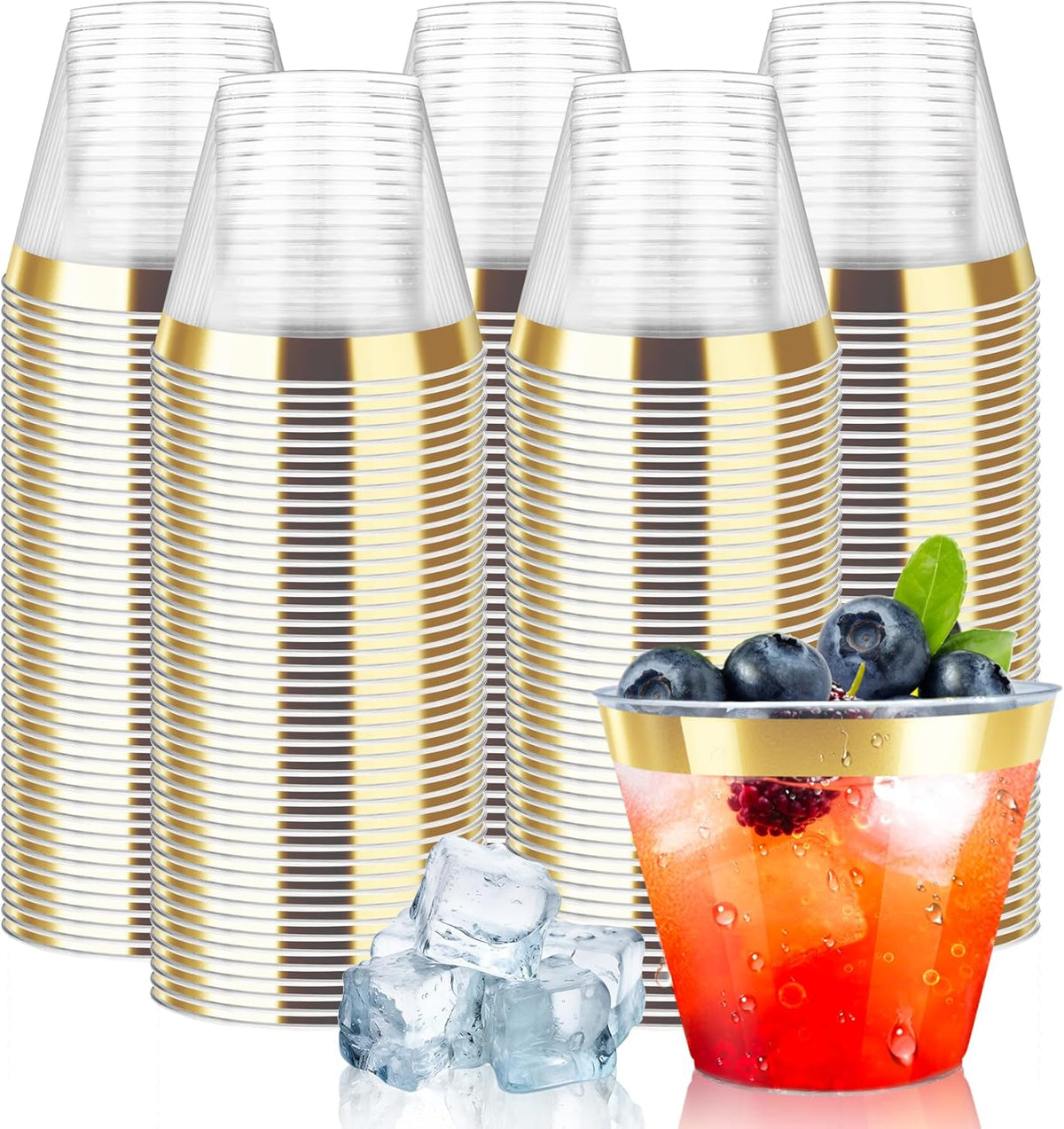 [200 Pack] 9oz Clear Plastic Cups with Gold Rimmed Sturdy & Food Safe Disposable Wine Glasses Party