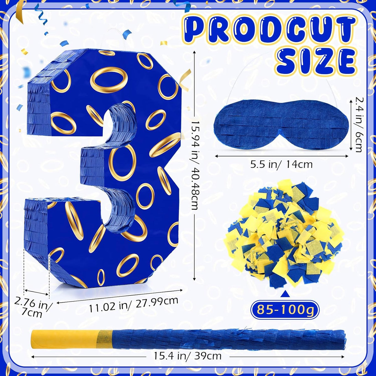 Number 3 Blue and Golden Rings Piñata for Kids Birthday Cartoon Theme Small Piñata with Blindfold