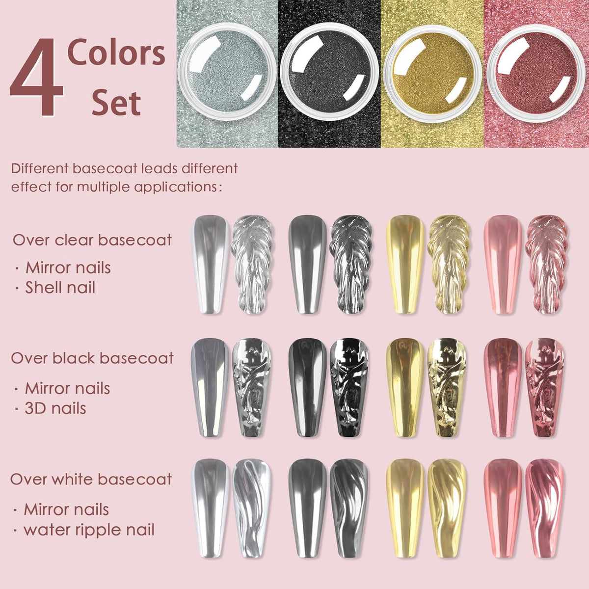 Allstarry Gold and Silver Chrome Nail Powder, 4 Colors Metallic Effect Mirror Chrome Powder Pigment