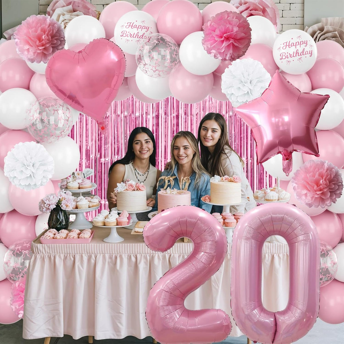 20th Birthday Decorations for Girls Pink Number 20 Balloon Bow Coquette Happy Birthday Banner