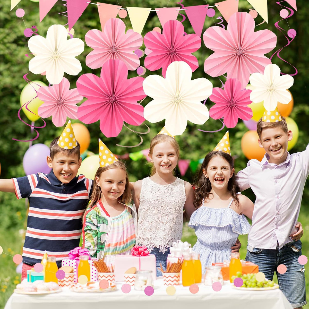 Pink and Yellow Party Decorations, Pink Birthday Decoration with Colorful Hanging Paper