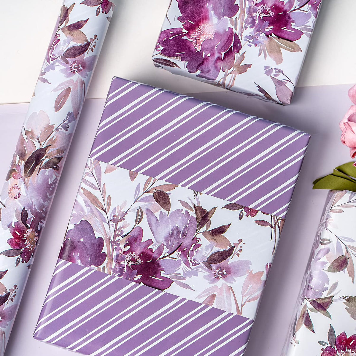 WRAPAHOLIC 30 Inch Jumbo Reversible Floral Wrapping Paper - 30 Inch X 33 Feet - Purple Floral
