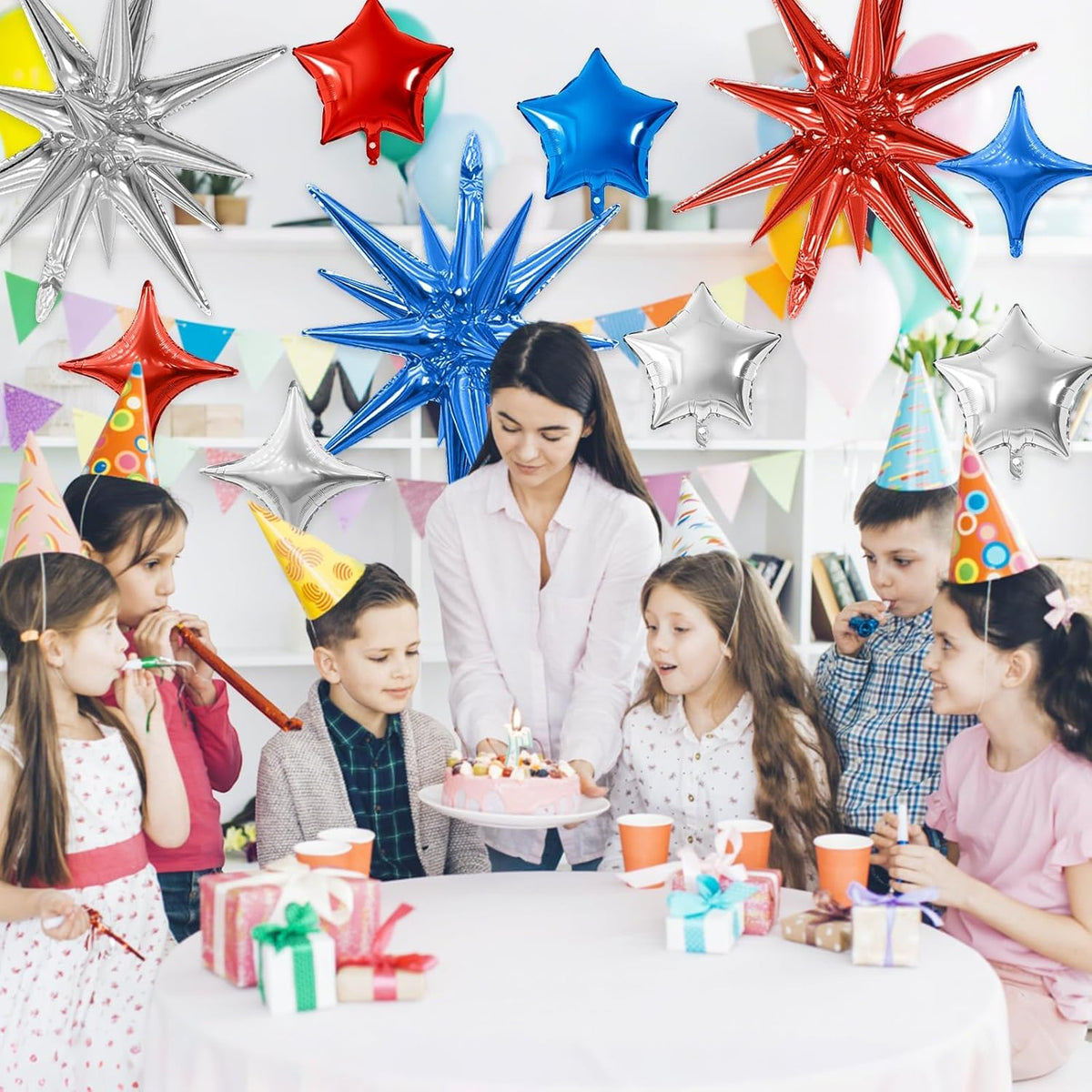 Blue Red Silver Star Balloon,16Pcs Star Foil Balloons Set with 22Inch Explosion Spike Cone Balloons