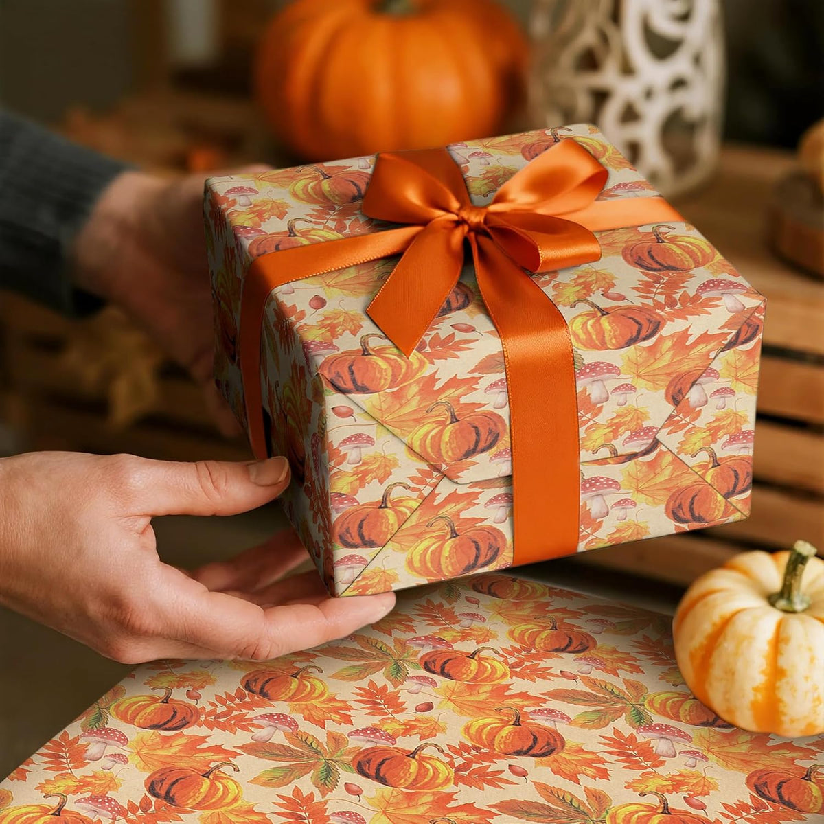 RUSPEPA Fall Wrapping Paper Roll, Mini Roll, Watercolor Pumpkin, Autumn Leaf and Mushroom Design