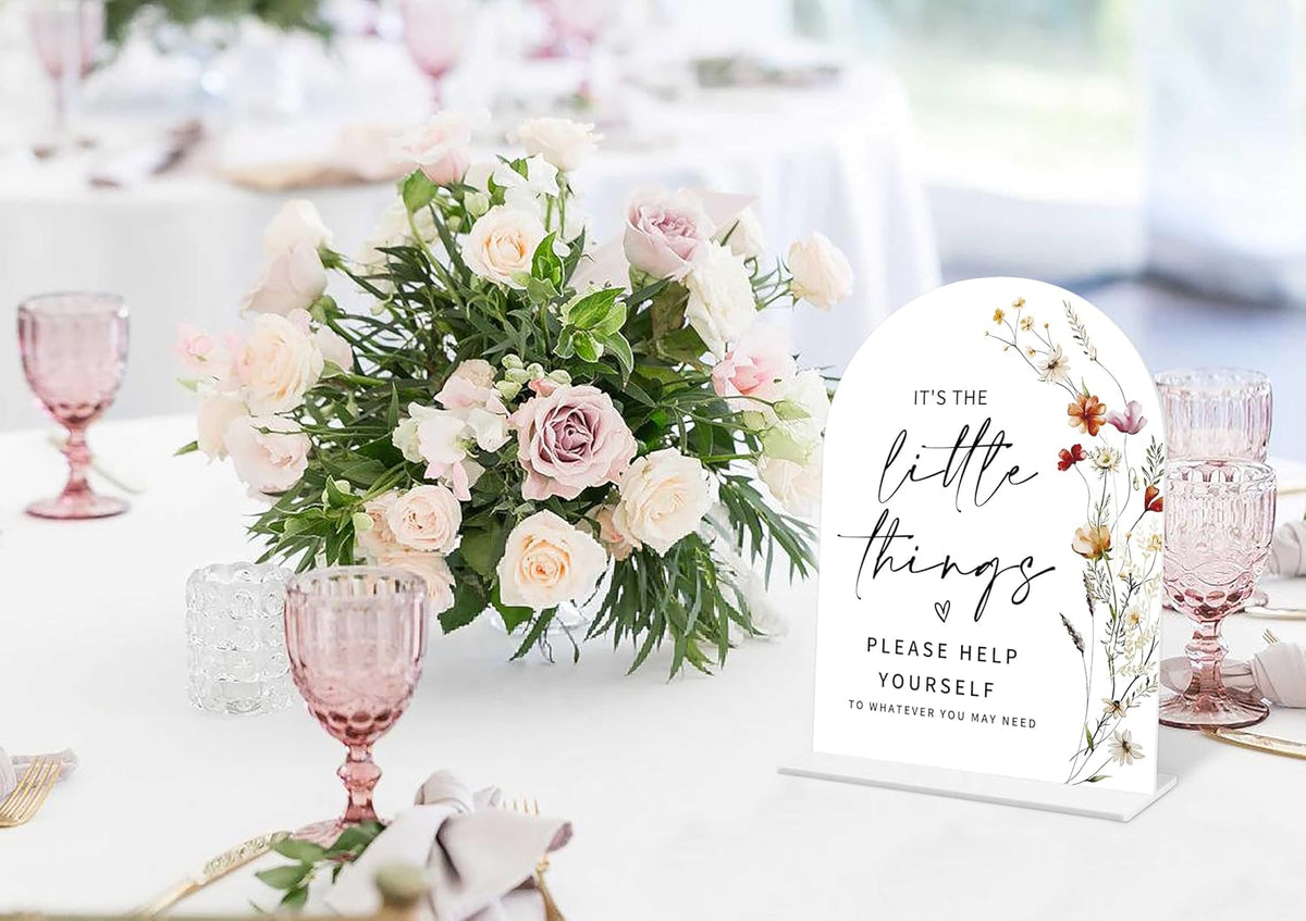 Boho Floral Wedding Bathroom Basket Sign, 6 x 8 Inch White Arch Acrylic Wedding Sign with Holder