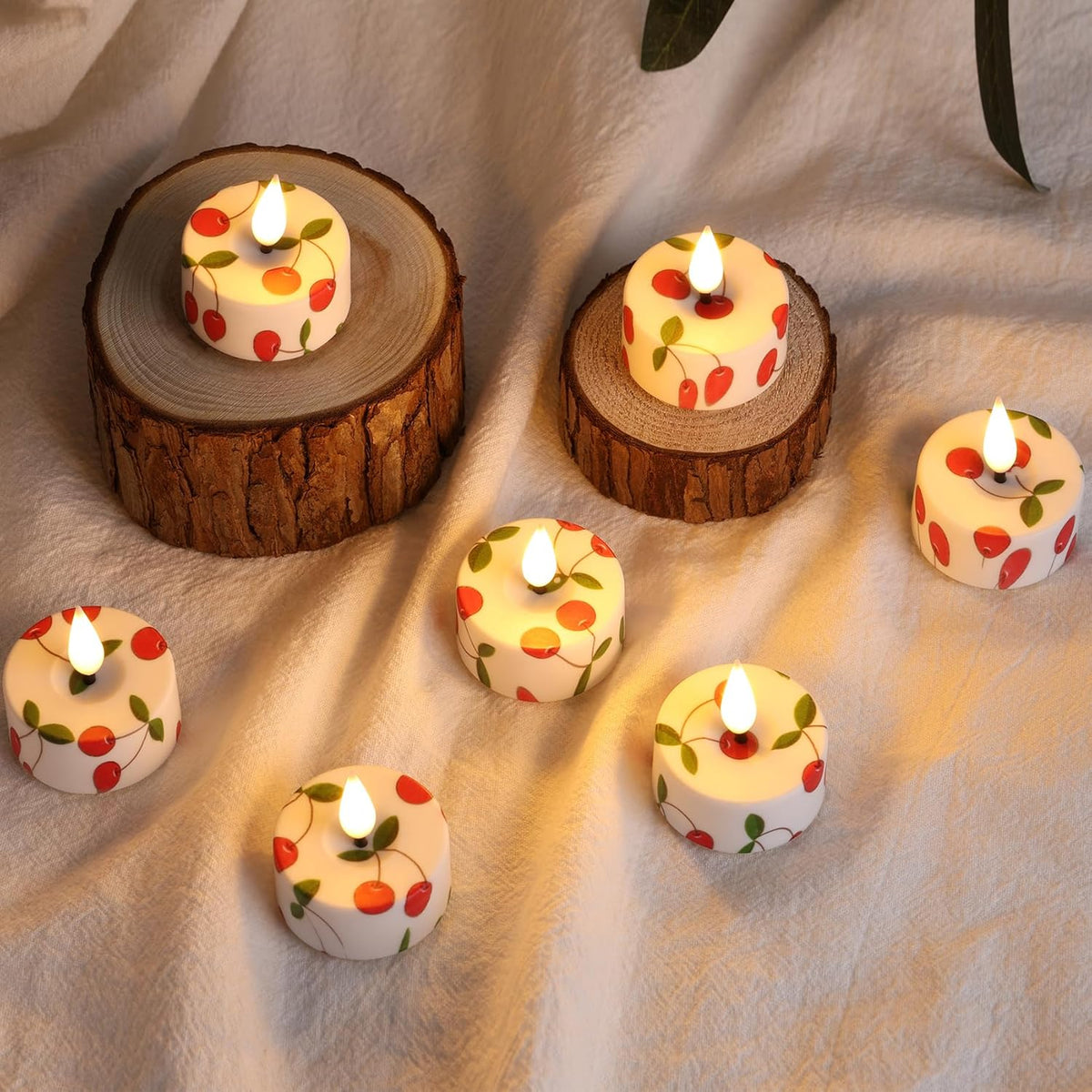 Eywamage Cherry Flameless Tealights with Remote Batteries, Flickering Plastic LED Tea Votive