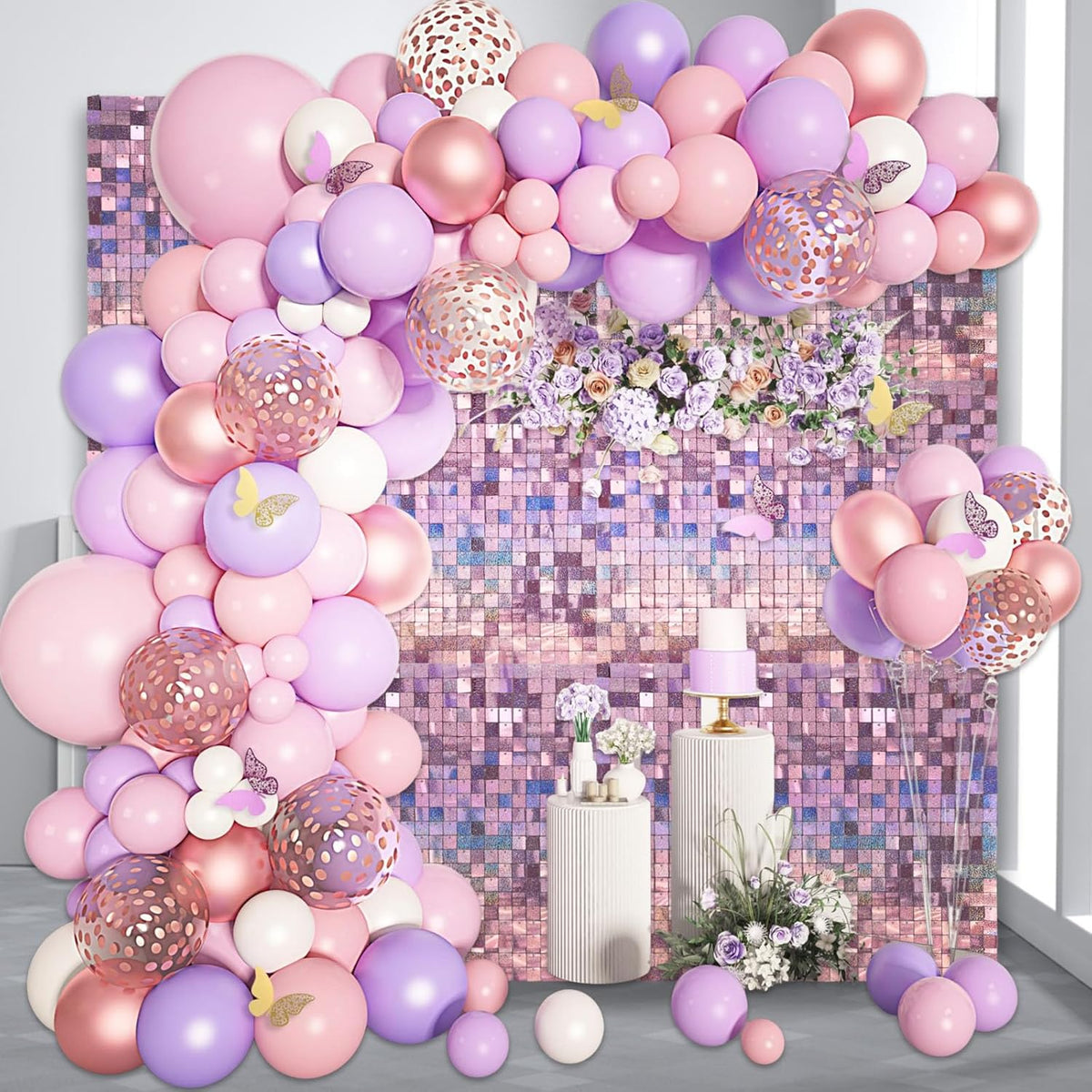 24PCS Light Pink Shimmer Wall Backdrop, Laser Square Sequin Photo Backdrops Panel, Glitter Wall