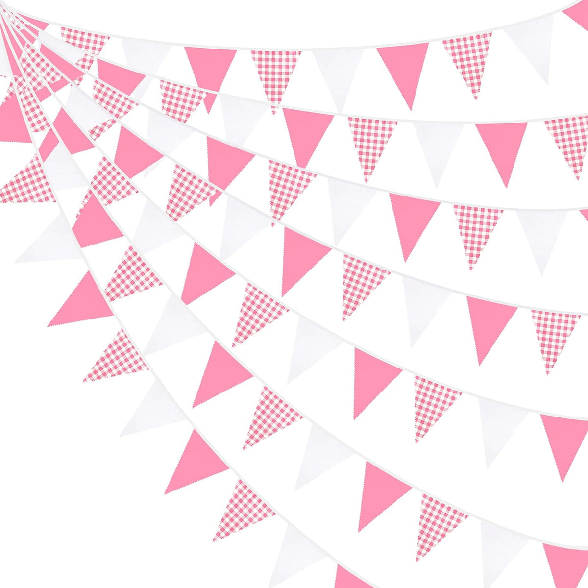32Ft Hot Pink Plaid Checkered Pennant Banner Fabric Gingham Triangle Flag Bunting Garland Streamers