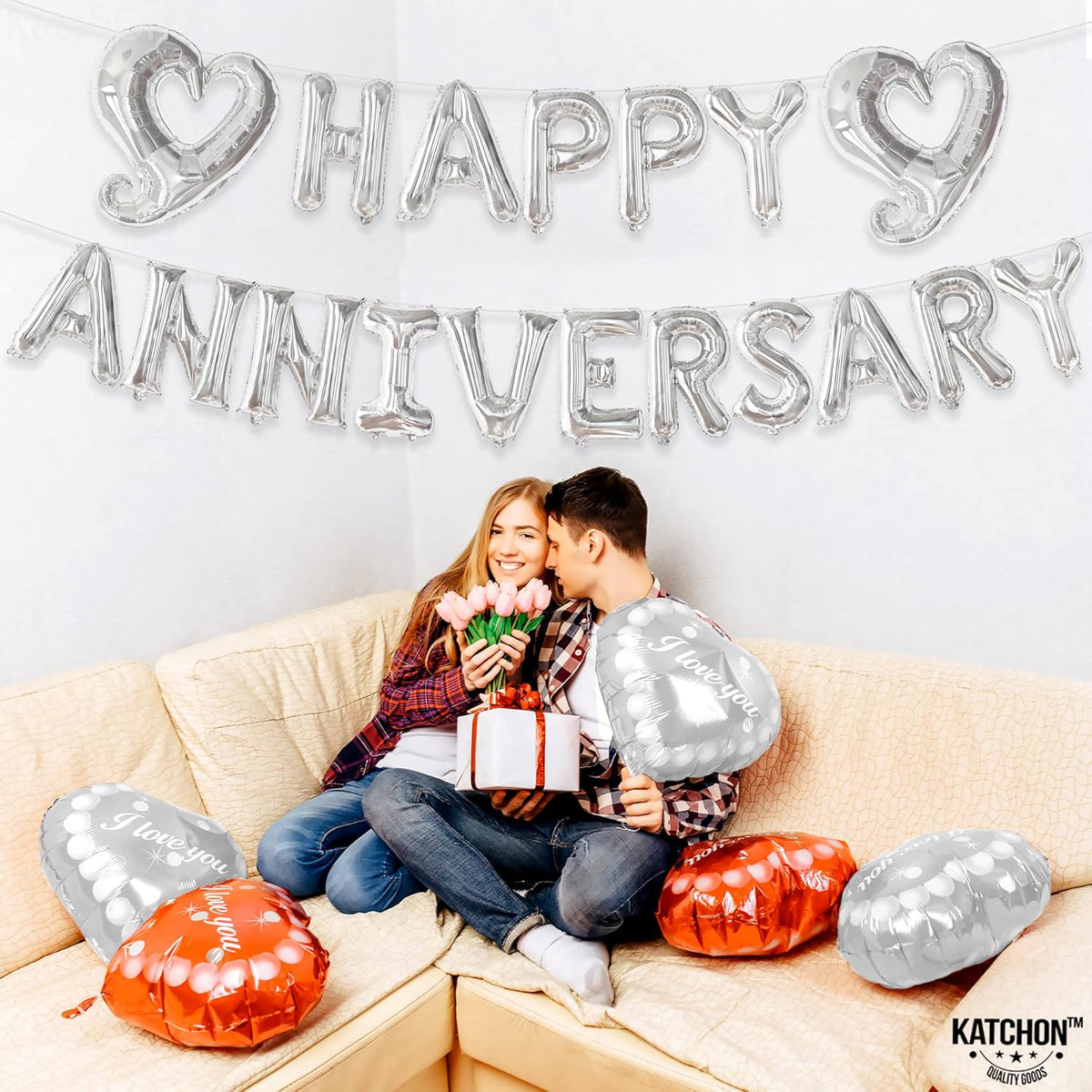 KatchOn, Silver Happy Anniversary Balloons Letters - Big, 18 Inch | Silver Happy Anniversary
