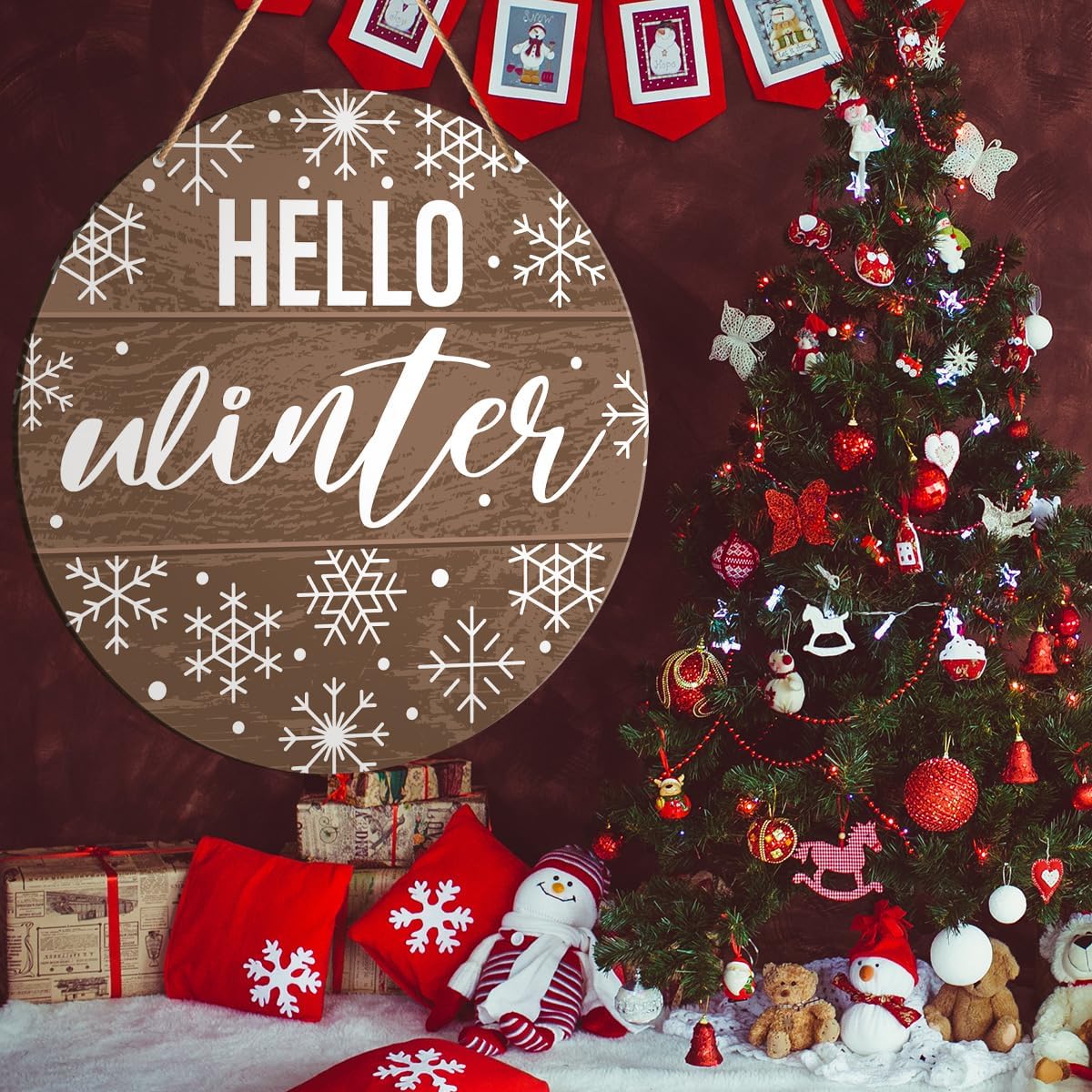 Muktoujaumai Hello Winter Sign Front Door Decor, Christmas Round Hanging Sign Decor Rustic