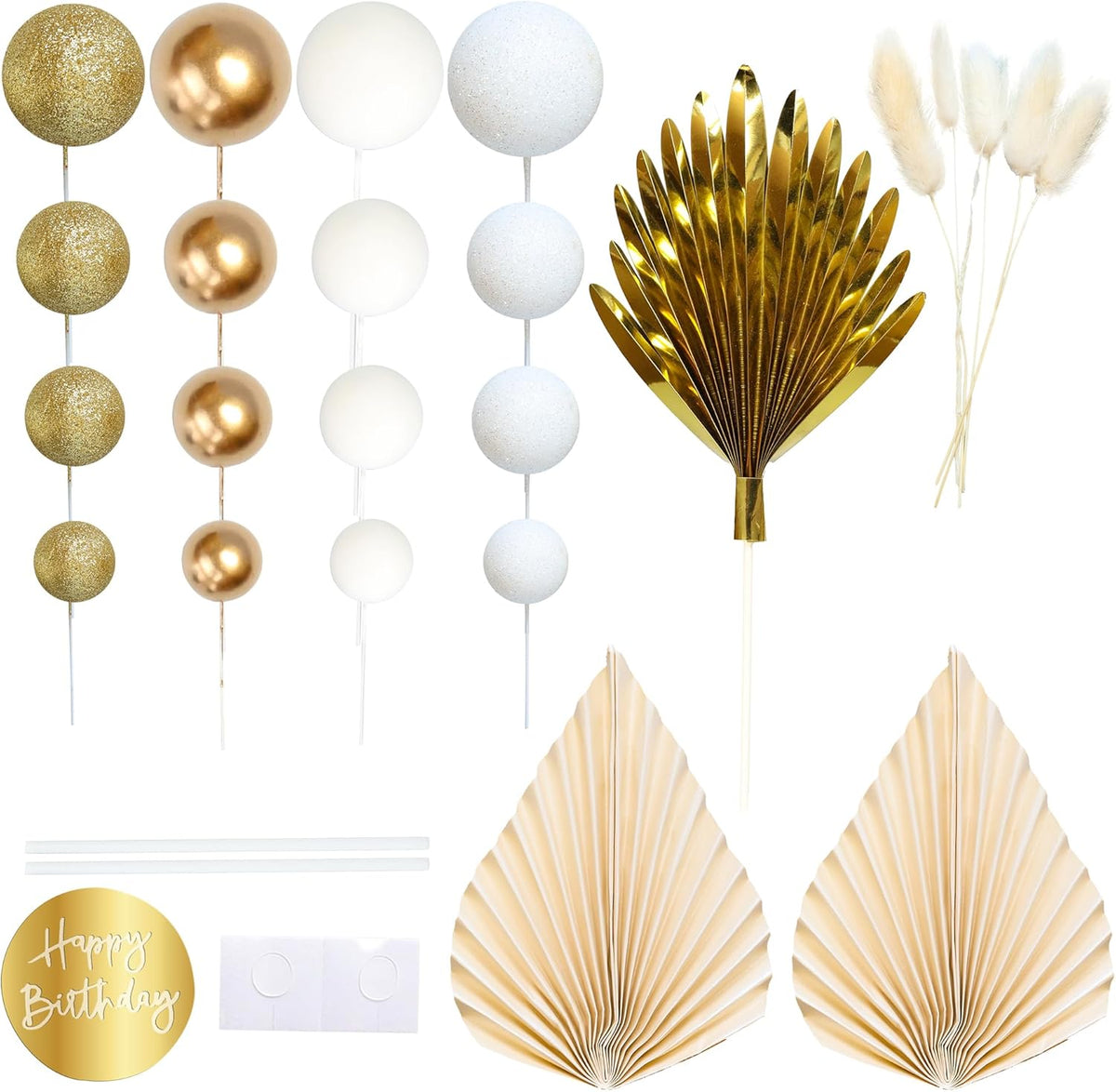 Ephlyn 33 Pack Balls Cake Toppers Boho Palm Leaves Cake Decorations Round Acrylic Happy Birthday