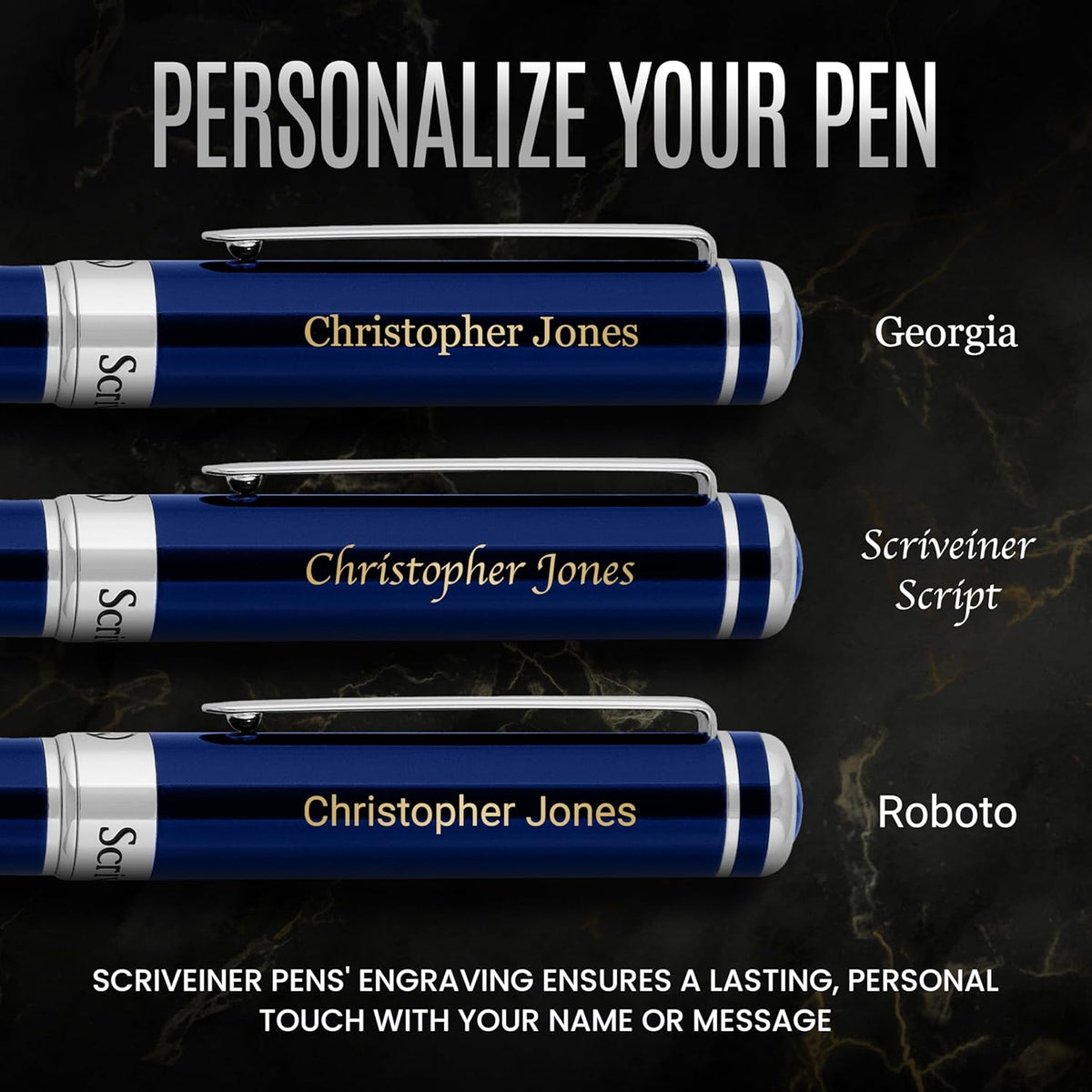 Scriveiner Personalized Midnight Blue Pen - Stunning Blue Lacquer Luxury Pen, Chrome Finish, German