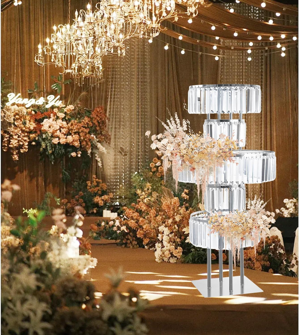 Silver Crystal Vases for Centerpieces, 47.2in Metal Pedestal Stands for Table Chandelier