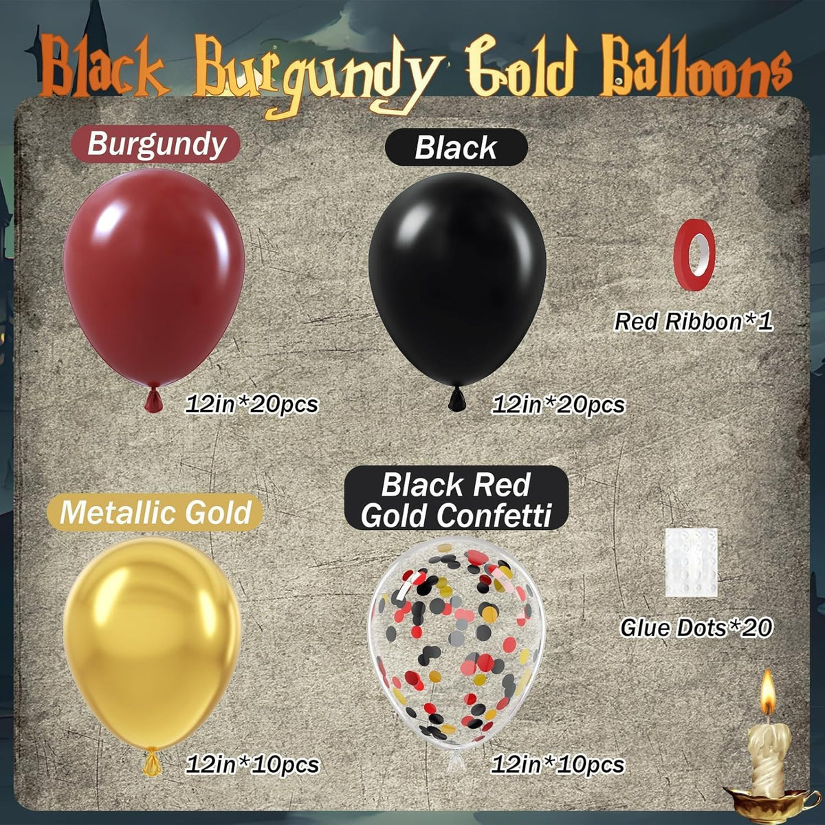 60pcs 12inch Black Burgundy and Gold Balloons, with Gold Red Black Confetti Balloons for Maroon
