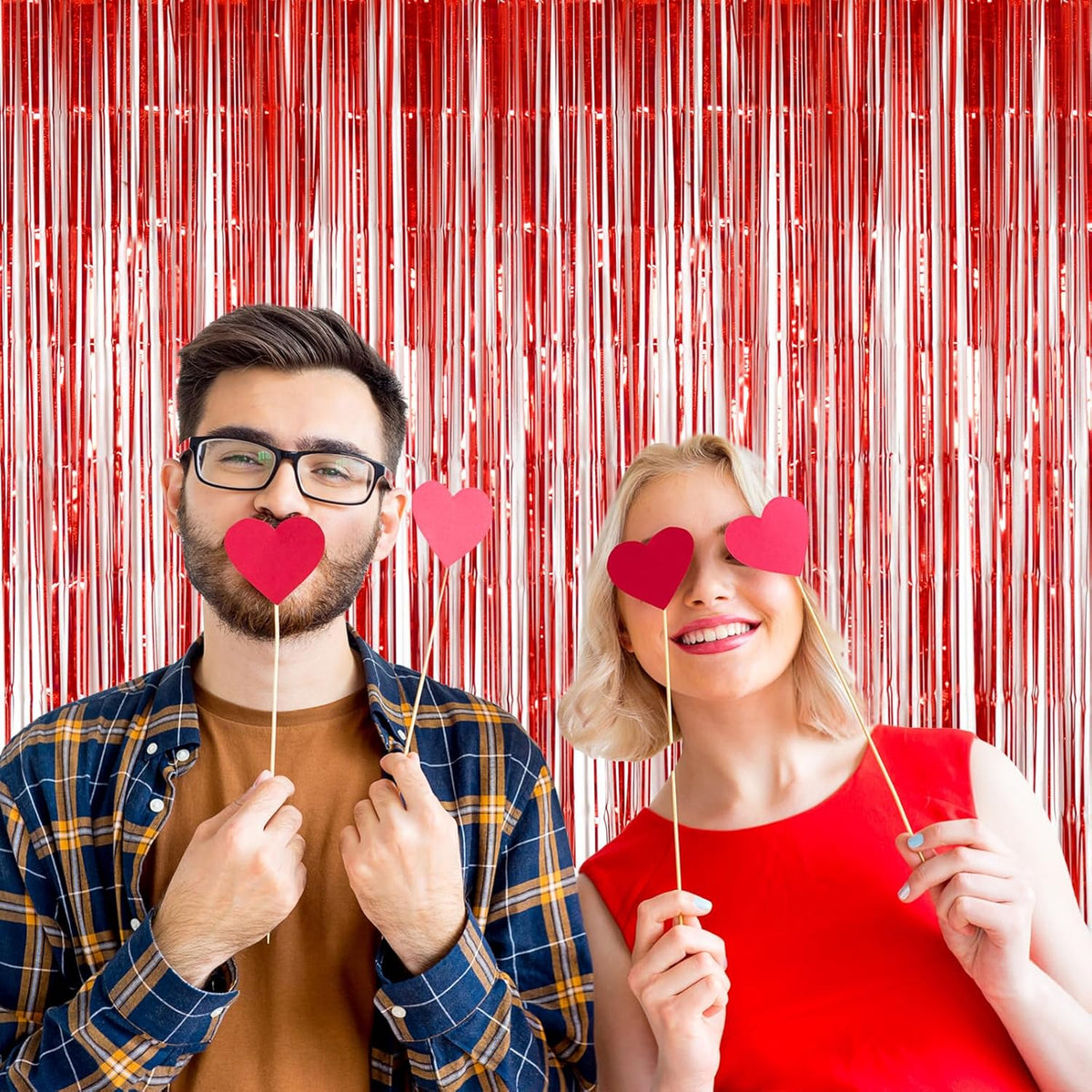 Red Foil Fringe Curtain Party Decorations, Melsan 3.2 x 8 ft Metallic Tinsel Curtains Streamer