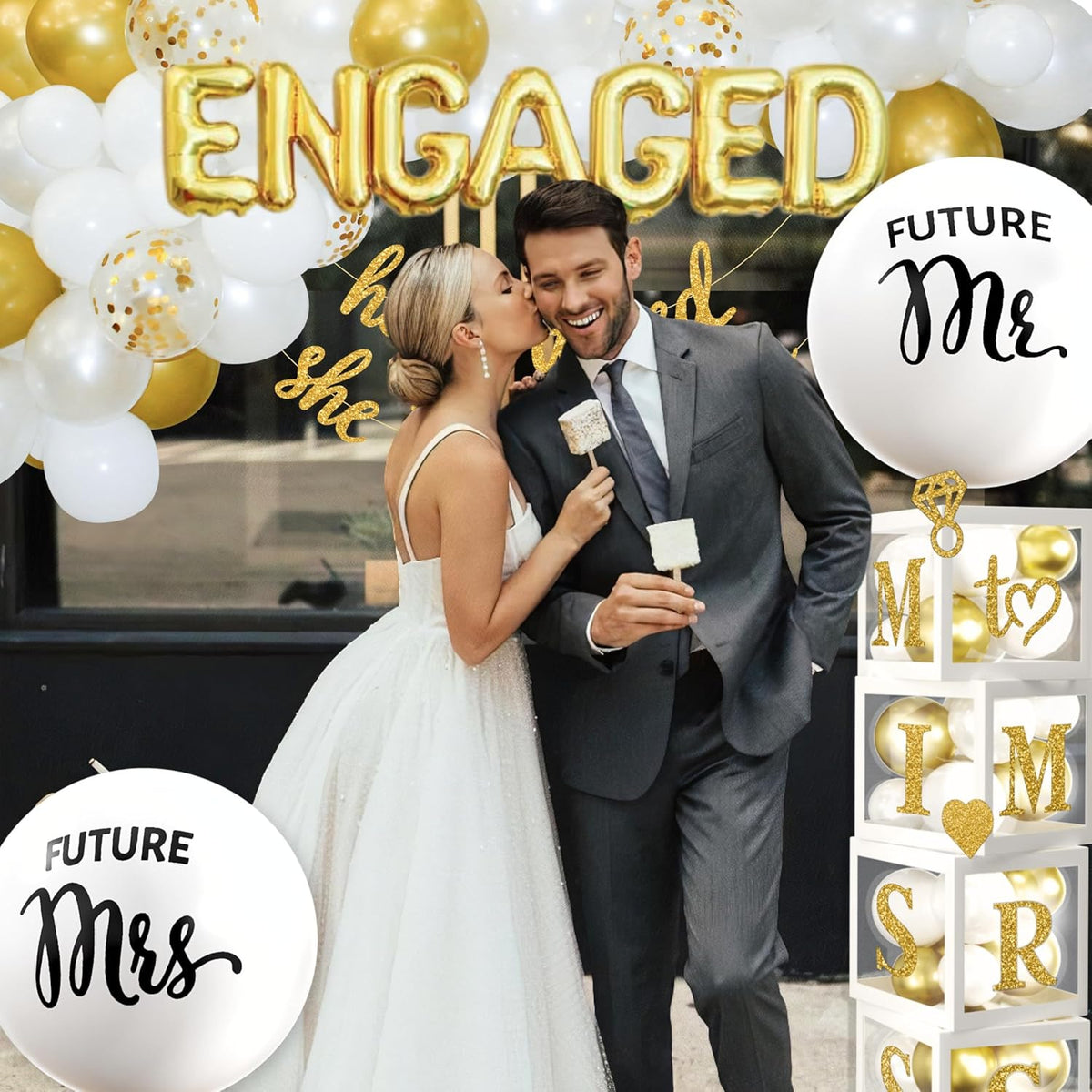 248 Pc Premium Engagement Party Decorations, Gold and White Bridal Decorations, He Asked She Said