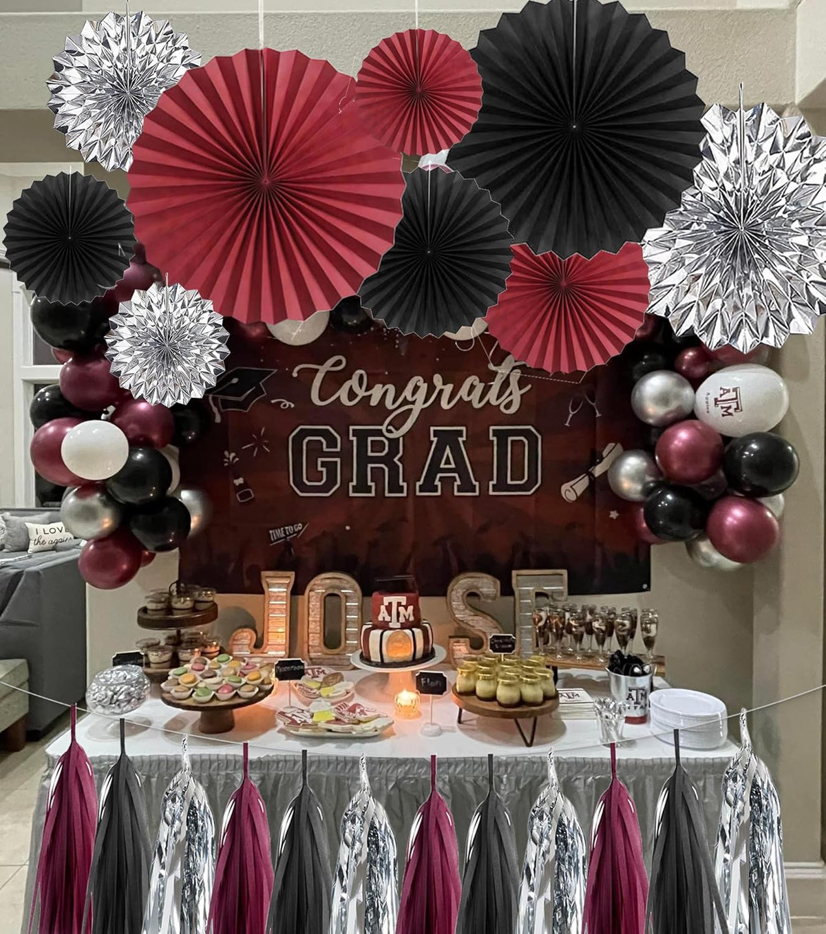 24PCS Maroon Decorations Burgundy Black Silver Party Decor Tassel Garland Banner Paper Flower Fans