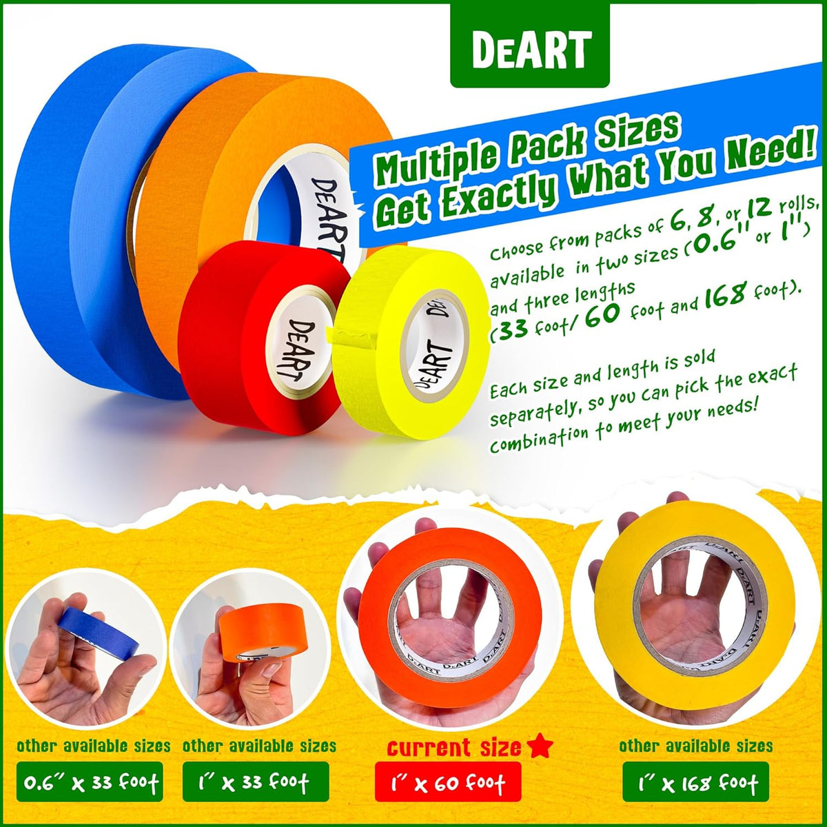 DEART 6Pcs Colored Masking Tape, Extra Long 1008 Feet or 360 Feet x 1 Inch Painters Tape, Color