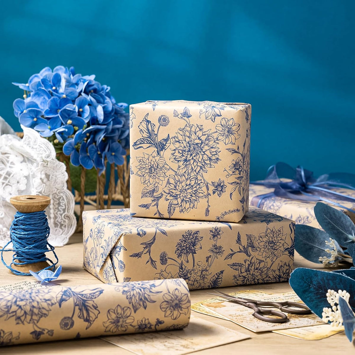WRAPAHOLIC Kraft Blue Floral Wrapping Paper - Mini Roll - 17 Inch x 16.5 Feet - Vintage Blue Toile