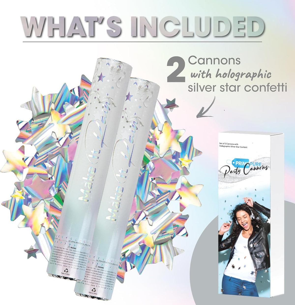 PrimePure Confetti Cannon Party Poppers - Holographic Silver Stars Confetti Popper - 2 Pack