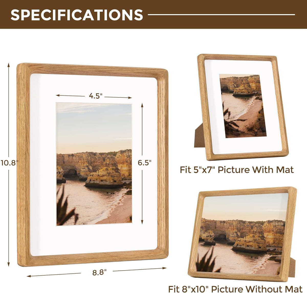 8x10 Oak Frame USA-Sourced Natural Wood Picture Frames Handcrafted Rounded Corner with Mat to 6x8