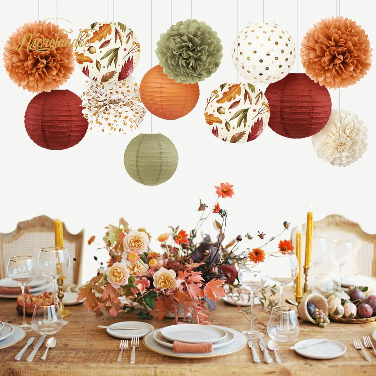 NICROLANDEE Fall Wedding Decorations, 12 PCS Orange Maple Leaf Paper Lanterns Tissue Pom Poms for