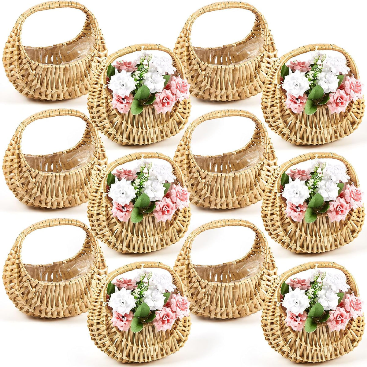 Taiyin 12 Pack Rattan Flower Girl Basket Small Half Moon Straw Wicker Basket with Handle Ideal for