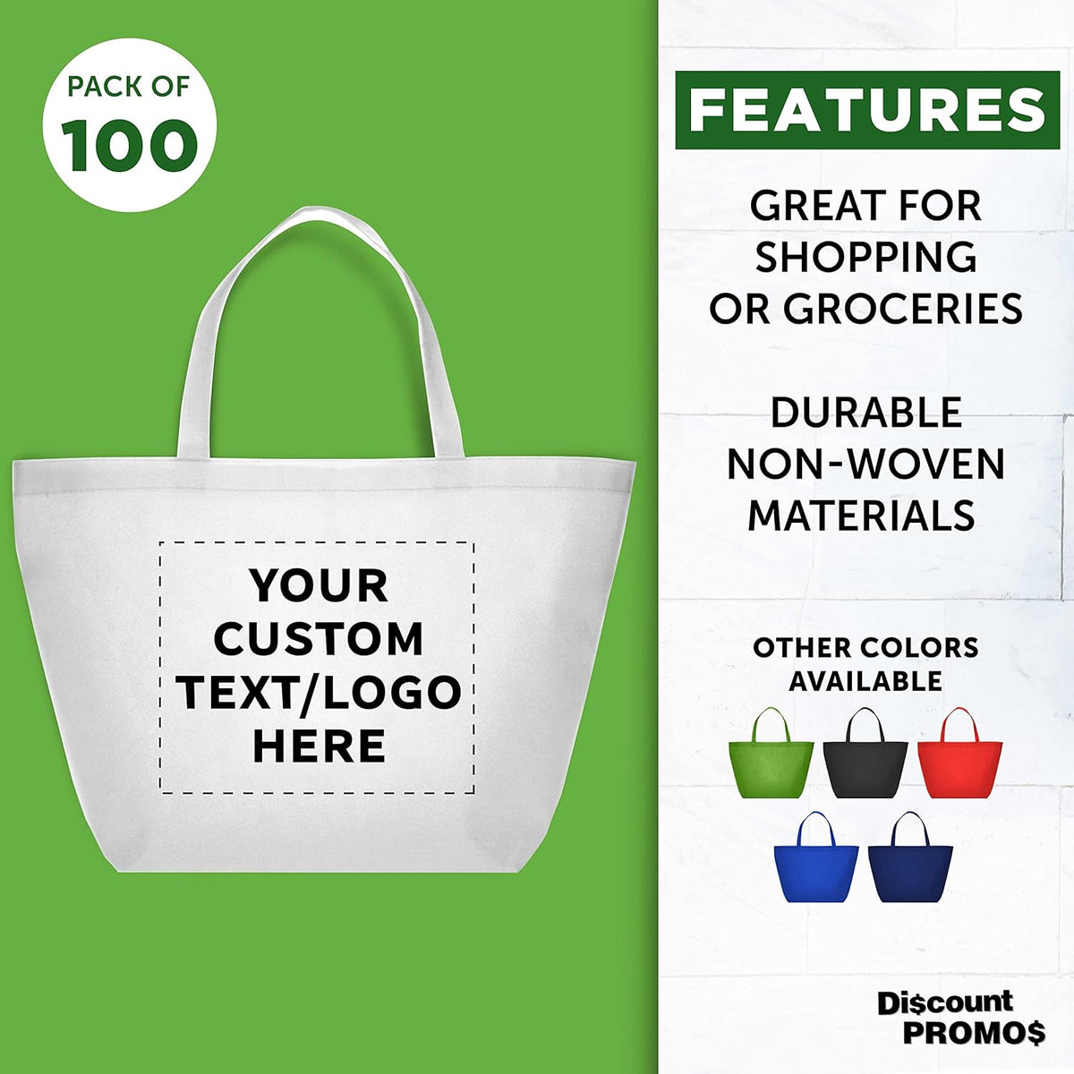 DISCOUNT PROMOS Custom Southern Style Grocery Tote Bags Set of 100 - Personalized Bulk Pack