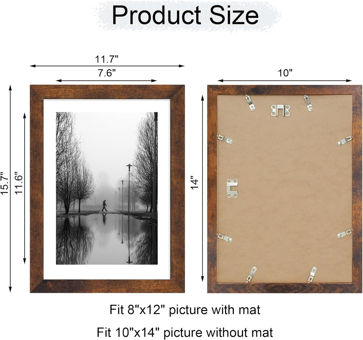 10x14 Picture Frame Set of 4 with Tempered Glass, Rustic Frame Display 8x12 Pictures with Mat or 10