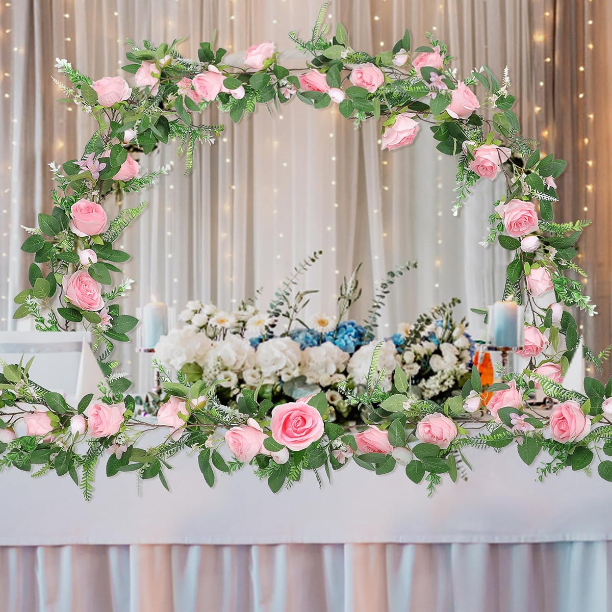 Naidiler Full Pink Flower Garland, 6.2FT Artificial Rose Floral Vine Pretty Spring Pink Flower