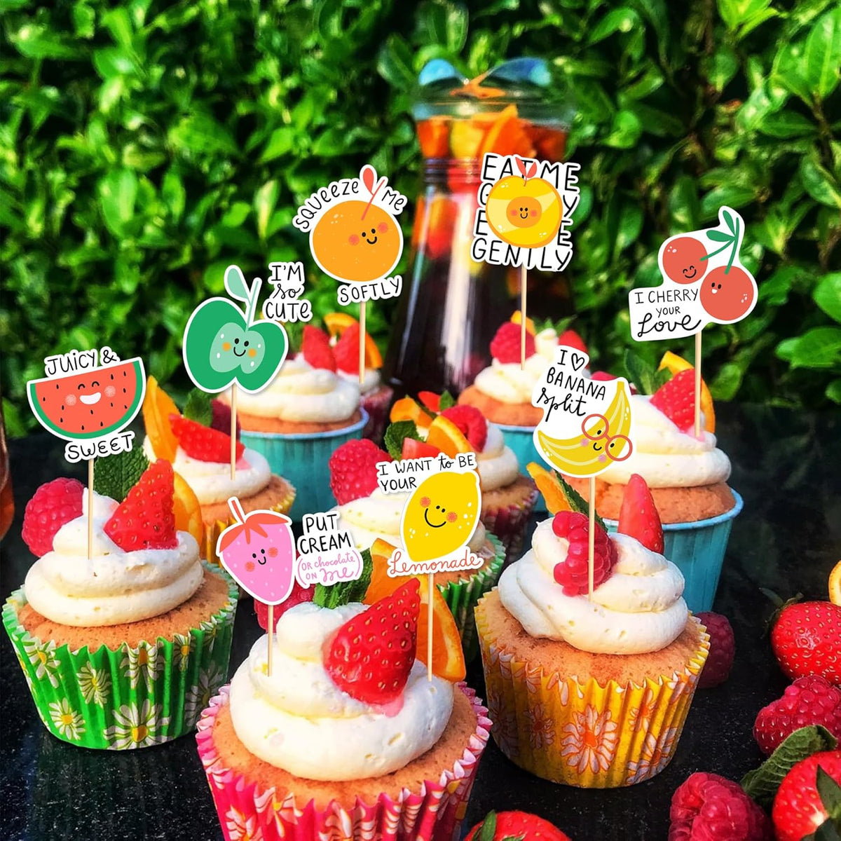 24pcs Tutti Fruity Fruit Cupcake Toppers - Tropical Summers Kids Happy Birthday Cake Toppers