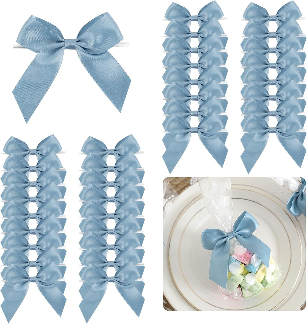 3.5" Dusty Blue Bow Satin Pre-Tied Bows for Gift Wrapping, Small Bows for Crafts, Premade Bows