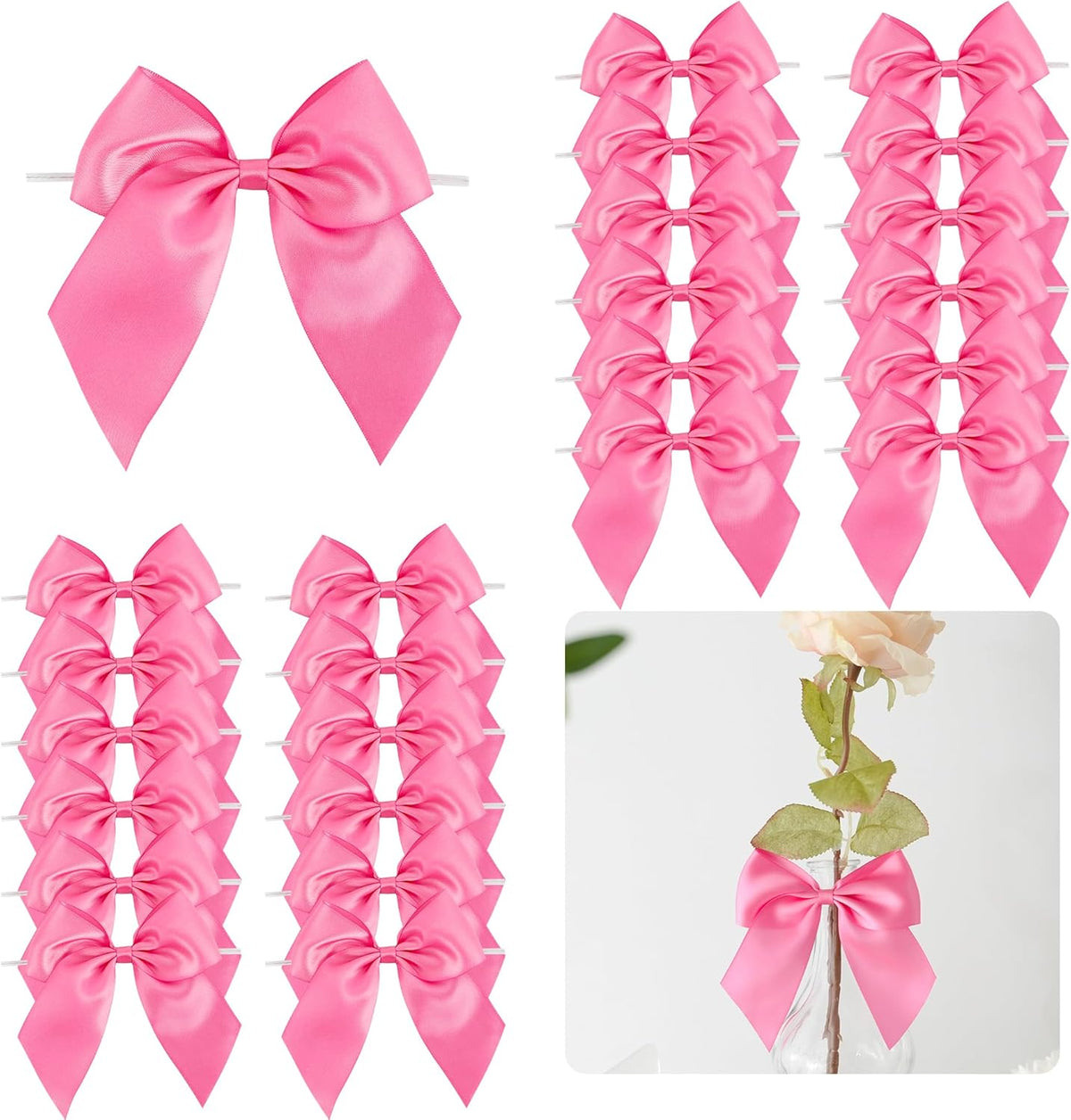 5'' Hot Pink Bow Party Decorations Satin Bows, Twist Tie Bows for Treat Bags, Cake Pops, Pre-Tied