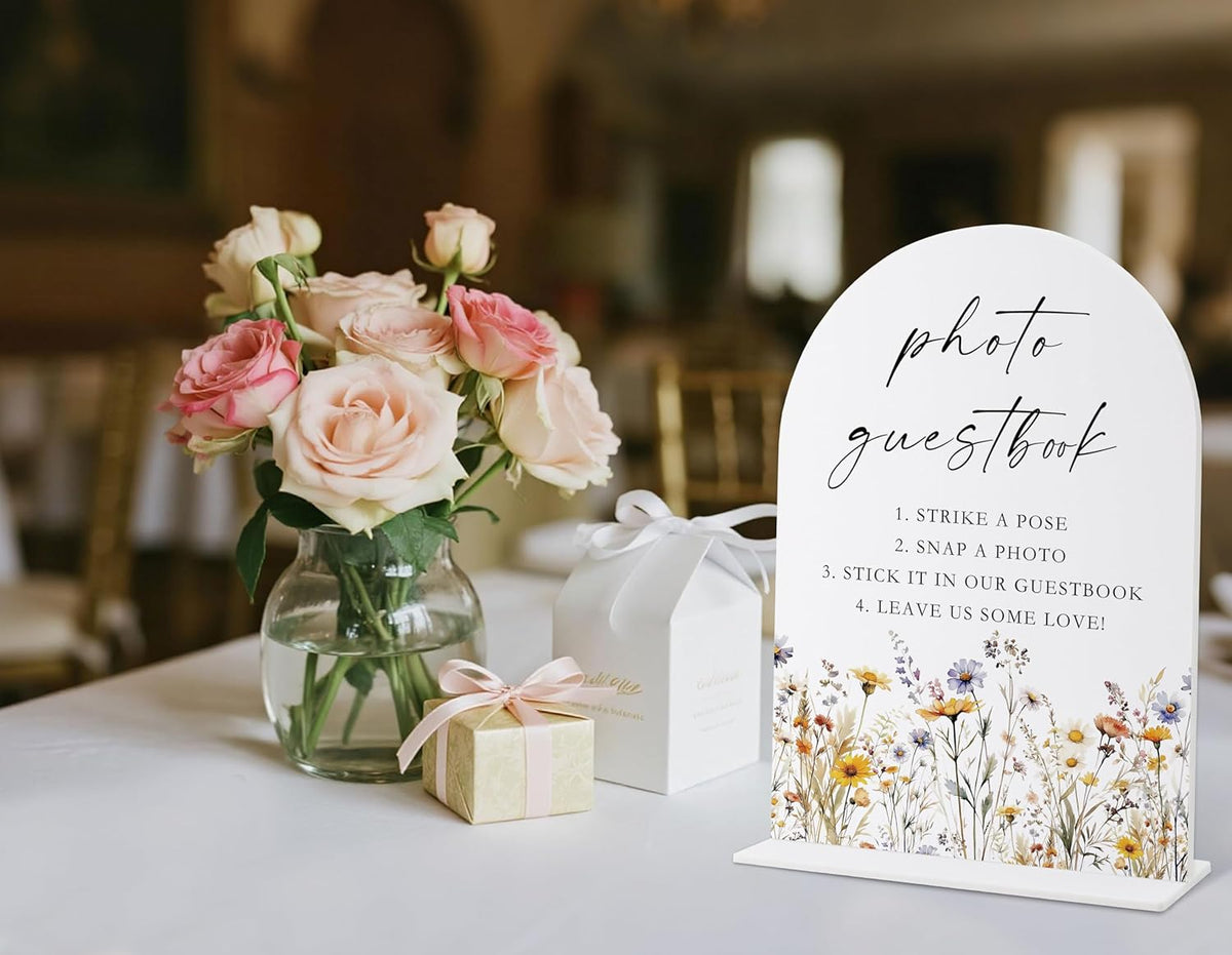 Wedding Signs for Ceremony and Reception, Boho Floral Acrylic Photo Guestbook Sign, Wedding Signage