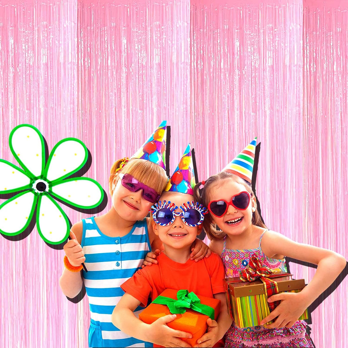 4 Pack Macaron Pink Tinsel Foil Fringe Curtain Backdrop, 3.28Ft x 8.2Ft Metallic Streamers for