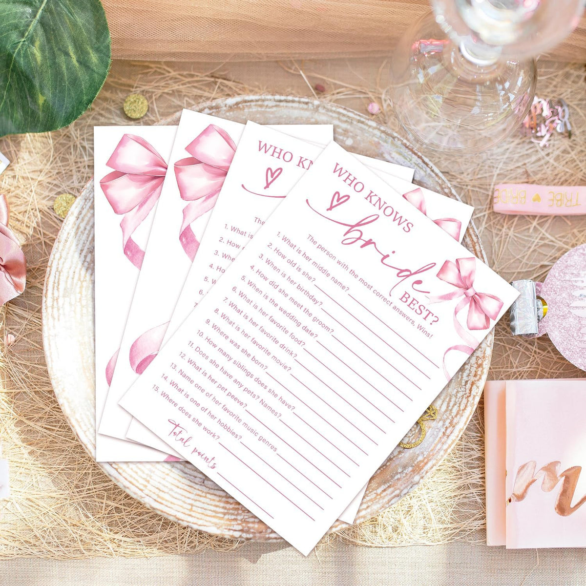 Pink Bow Wedding Shower Games Cards, Bridal Shower Games 30 Guest, Engagement Party Wedding Game