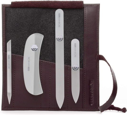 GERMANIKURE Gray Crystal Glass Nail File Set in Eggplant Purple Leather Case – Handmade in Czech